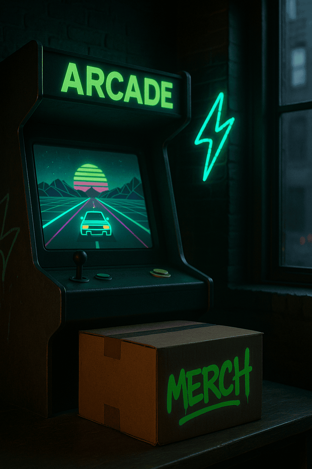 A retro arcade corner with a tall glowing game machine and a labeled merch box, evoking a nostalgic gaming atmosphere.