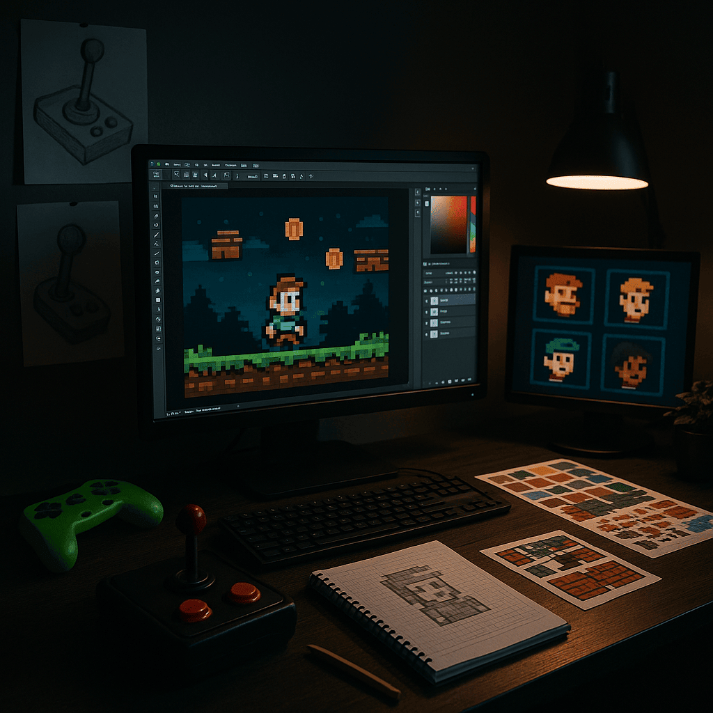 A dimly lit game design workspace with glowing monitors, pixel art sketches, and design tools arranged around a cluttered desk.