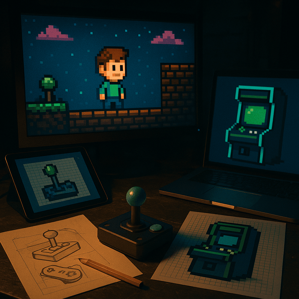 A pixel art game development desk with a joystick, character sketches, and glowing monitors displaying retro arcade graphics.