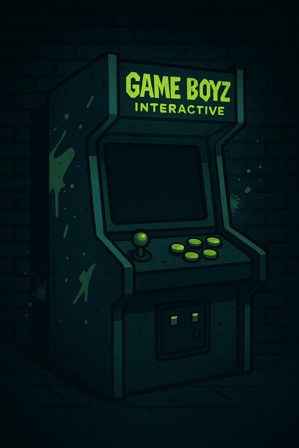 A retro-style arcade machine with ‘Game Boyz Interactive’ glowing on the marquee, set against a dark brick wall with neon green graffiti accents.