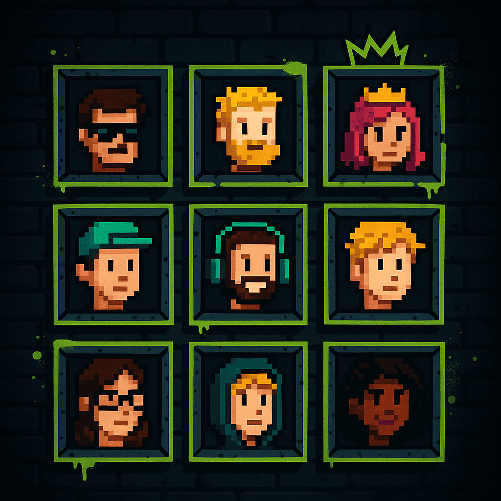 A dark brick wall decorated with graffiti-style neon frames, each containing a pixel art portrait representing different influencer personalities.