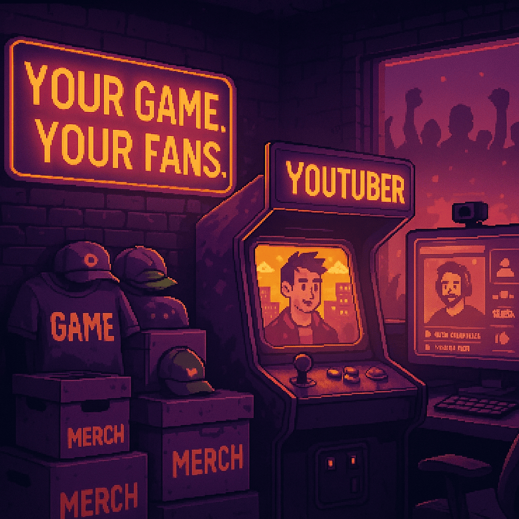 A pixel art scene featuring a retro arcade machine labeled ‘Youtuber’, surrounded by merch boxes and a glowing sign that reads ‘Your Game. Your Fans.’, with fans cheering outside a window and a streaming setup nearby.
